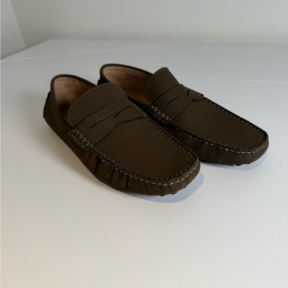 Men's Olive Green Leather Penny Loafers/Driving Moccasins